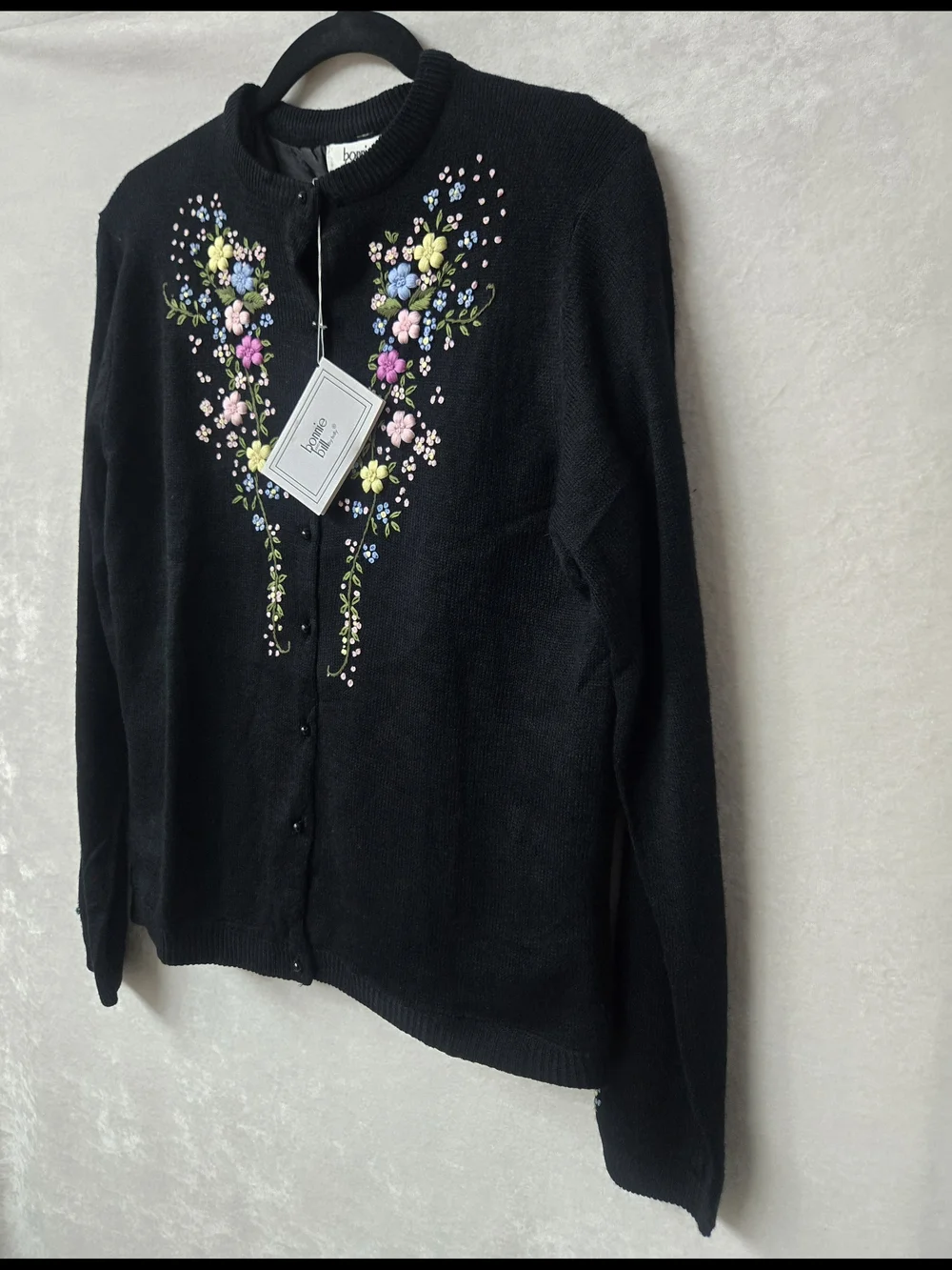 VTG Bonnie & Bill Floral Embroidery Cardigan Large Knit Black Cottagecore Boho